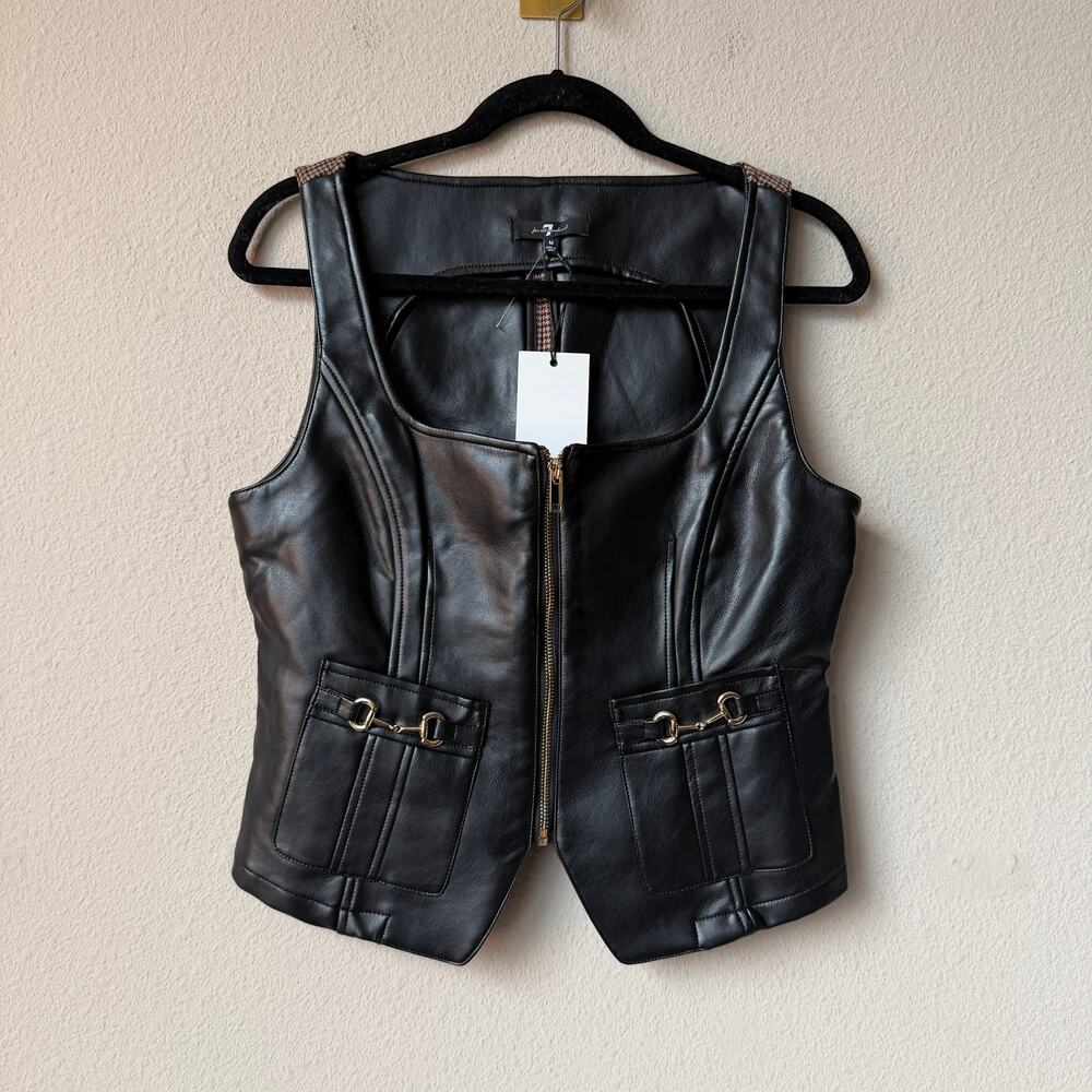 7 For All Mankind Black Faux Leather Houndstooth Vest NWT NEW Size M - Picture 3 of 7